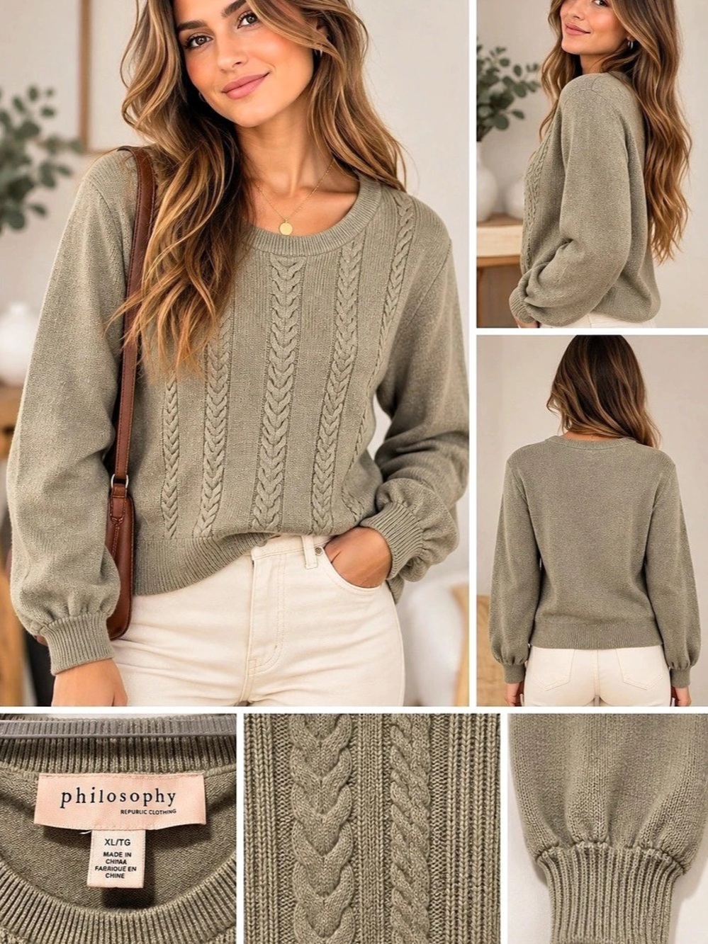 Philosophy Republic Clothing XL Cable Knit Sweater Sage Green Balloon Sleeve NWO